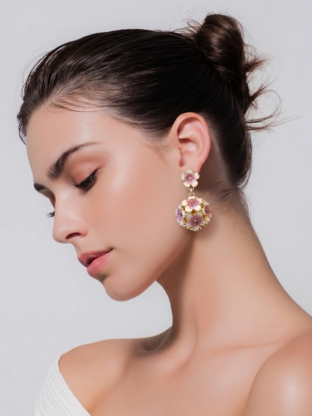 Gold and Pink Floral Drop Earrings - Women Jewelry